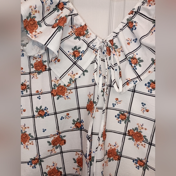 Zara Floral plaid ruffle Cap sleeves Orange Blue print flowers Size Large - Picture 5 of 11